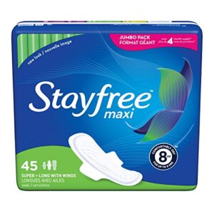 stayfree maxi super long pads with wings for women, reliable protection and absorbency of feminine periods, 45 count