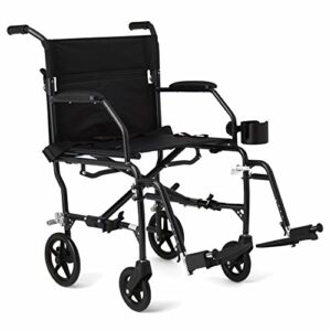medline ultralight transport wheelchair with 19” wide seat, folding transport chair with permanent desk-length arms, black frame