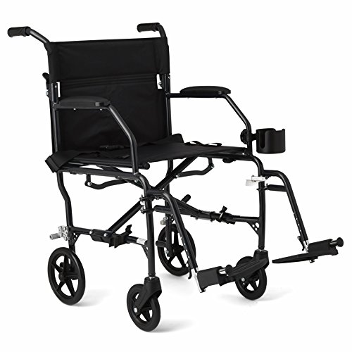 Medline Ultralight Transport Wheelchair with 19” Wide Seat, Folding Transport Chair with Permanent Desk-Length Arms, Black Frame