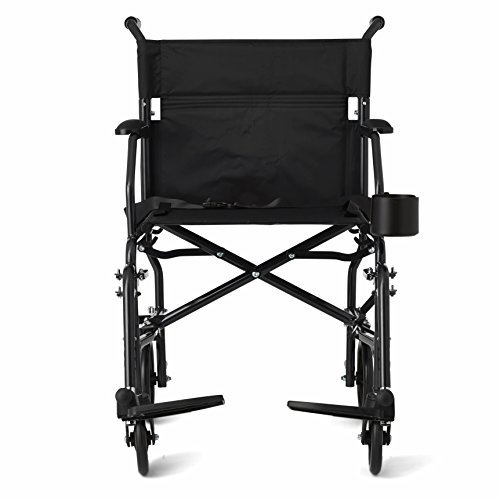 Medline Ultralight Transport Wheelchair with 19” Wide Seat, Folding Transport Chair with Permanent Desk-Length Arms, Black Frame