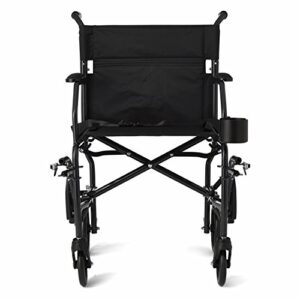 Medline Ultralight Transport Wheelchair with 19” Wide Seat, Folding Transport Chair with Permanent Desk-Length Arms, Black Frame