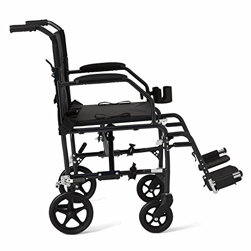 Medline Ultralight Transport Wheelchair with 19” Wide Seat, Folding Transport Chair with Permanent Desk-Length Arms, Black Frame