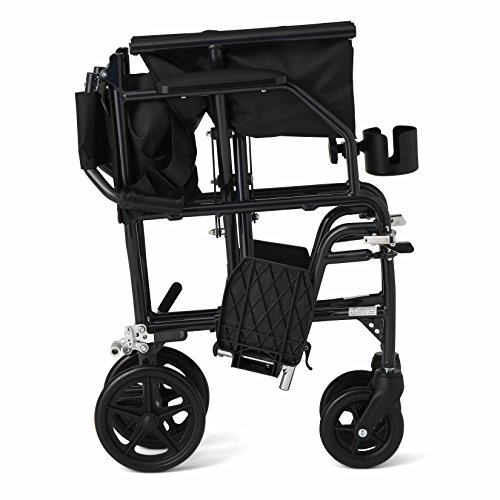 Medline Ultralight Transport Wheelchair with 19” Wide Seat, Folding Transport Chair with Permanent Desk-Length Arms, Black Frame