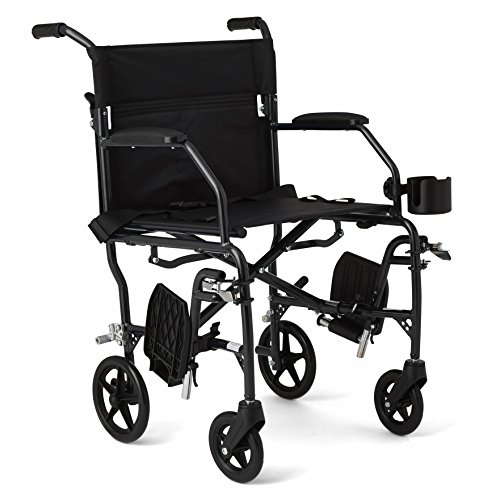 Medline Ultralight Transport Wheelchair with 19” Wide Seat, Folding Transport Chair with Permanent Desk-Length Arms, Black Frame