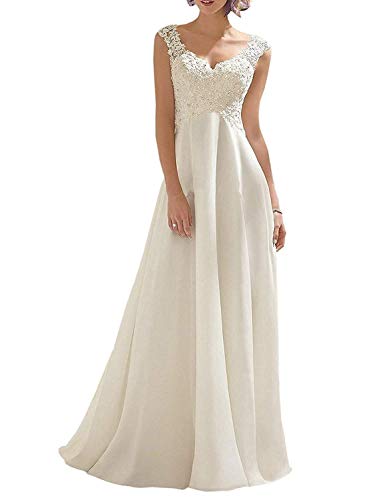 Abaowedding Women's Wedding Dress Lace Double V-Neck Sleeveless Evening Dress Ivory US 24 Plus