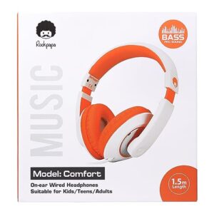 rockpapa Comfort Kids Headphones for School, Lightweight Childrens Boys Girls Teens Over-Ear Headphones Wired 3.5mm for CD DVD Player Tablet Phone Travel White/Orange