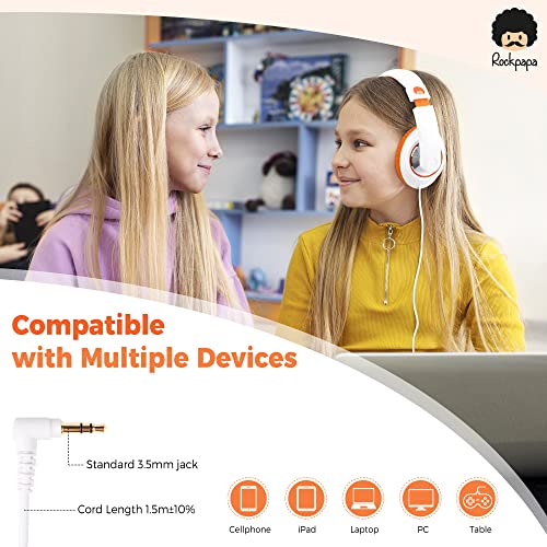 rockpapa Comfort Kids Headphones for School, Lightweight Childrens Boys Girls Teens Over-Ear Headphones Wired 3.5mm for CD DVD Player Tablet Phone Travel White/Orange