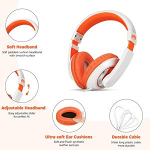 rockpapa Comfort Kids Headphones for School, Lightweight Childrens Boys Girls Teens Over-Ear Headphones Wired 3.5mm for CD DVD Player Tablet Phone Travel White/Orange