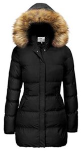 wenven women's winter thicken padded coat parka jacket with fur hood (black,l)