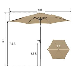 COBANA 9’ Patio Umbrella, Outdoor Table Market Umbrella with Push Button Tilt and Crank, 6 Steel Ribs, Beige