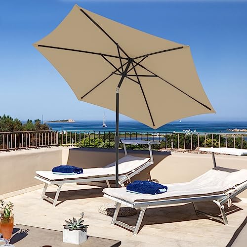 COBANA 9’ Patio Umbrella, Outdoor Table Market Umbrella with Push Button Tilt and Crank, 6 Steel Ribs, Beige