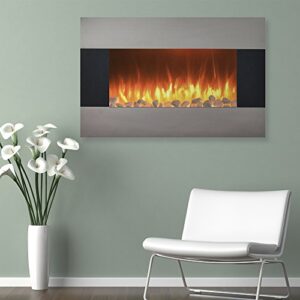 northwest electric fireplace heater – wall-mount and removable floor stand with remote – adjustable flame brightness and heat, 36", silver