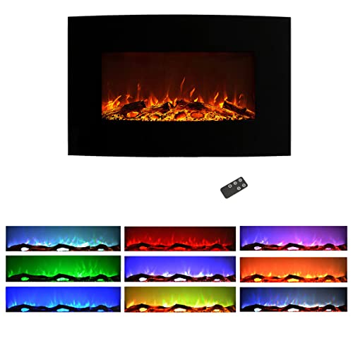 Northwest Wall-Mounted Electric Fireplace – 10-Color LED Flames with Remote, Adjustable Brightness and Heat, 36", Black