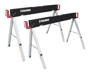 steelman work table folding sawhorses, set of two, durable steel construction, folding legs, 2x4 table support arms, 2,200 lb. combined loading capacity
