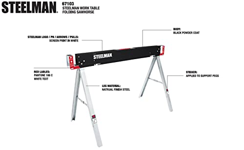 Steelman Work Table Folding Sawhorses, Set of Two, Durable Steel Construction, Folding Legs, 2x4 Table Support Arms, 2,200 lb. Combined Loading Capacity