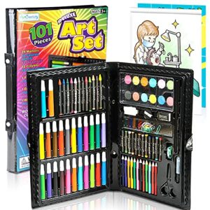 deluxe art set for kids by art creativity - ideal beginner artist kit includes 101 pieces - watercolor, crayons, colored markers, color pencils and more + bonus coloring book