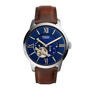 fossil men's townsman automatic stainless steel and leather two-hand skeleton watch, color: silver, brown (model: me3110)