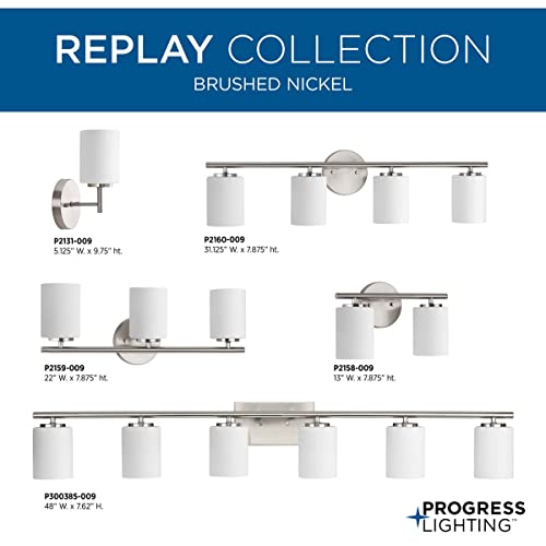 Replay Collection 2-Light Etched White Glass Modern Bath Vanity Light Brushed Nickel