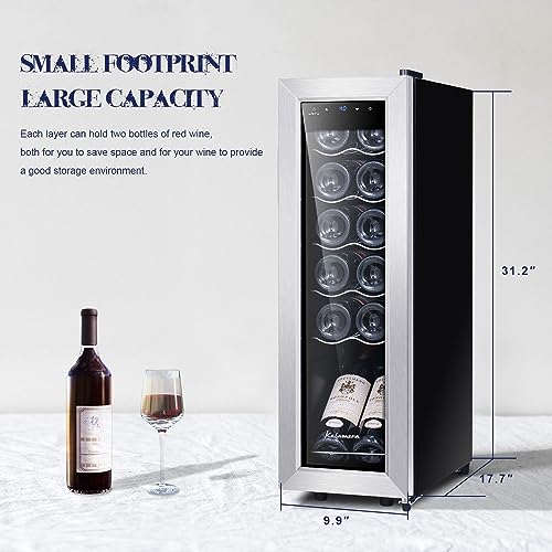 Kalamera Mini Fridge Compressor Cooler, 12 Bottles Wine Refrigerator, Freestanding Wine Cellar 41F-64F One Touch Temperature Control, For Home, Office or Bar.