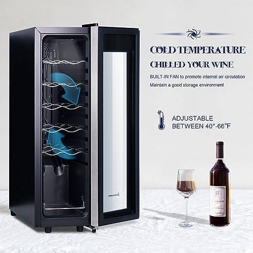 Kalamera Mini Fridge Compressor Cooler, 12 Bottles Wine Refrigerator, Freestanding Wine Cellar 41F-64F One Touch Temperature Control, For Home, Office or Bar.