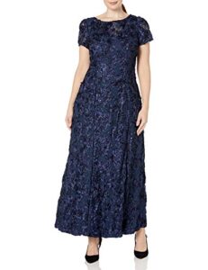 alex evenings women's plus-size long a-line rosette dress with short sleeves, navy, 16w