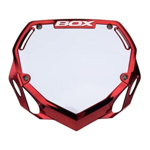 box components box two 3d impact resistant number plate w/adjustable velcro straps for kids and adults, mini, strider, pro, dirt bmx bikes, bicycle parts, small or large (large, chrome red)