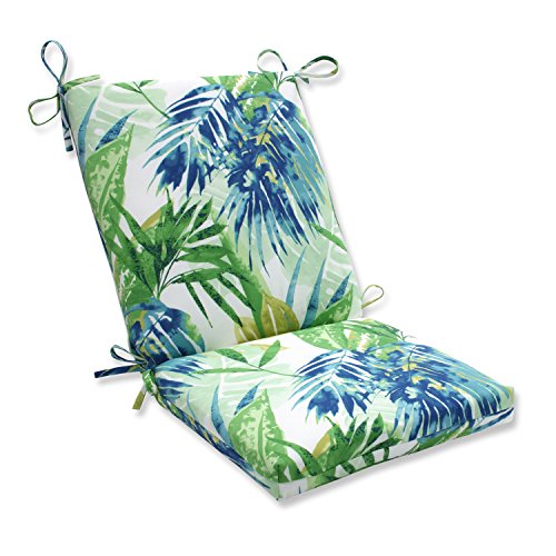 Pillow Perfect Tropic Floral Indoor/Outdoor Solid Back 1 Piece Square Corner Chair Cushion with Ties, Deep Seat, Weather, and Fade Resistant, 36.5" x 18", Blue/Green Soleil, 1 Count