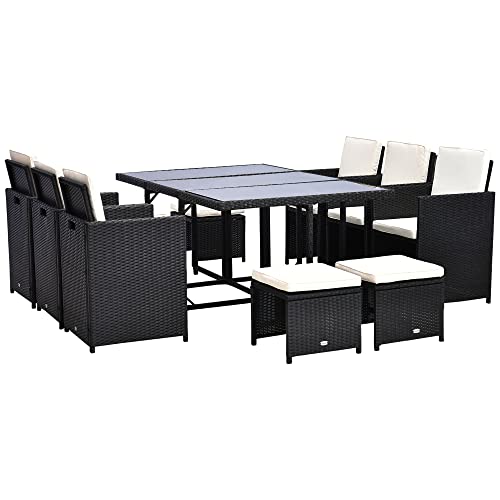 Outsunny 11 Pieces Patio Wicker Dining Sets, Space Saving Outdoor Sectional Conversation Set, with Dining Table, Ottoman and Chair & Cushioned for Lawn Garden Backyard, Cream White