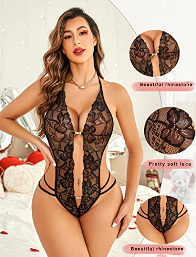 Avidlove Womens Lingerie One Piece Teddy Sexy Halter Lace Bodysuit Mini Babydoll Black Small