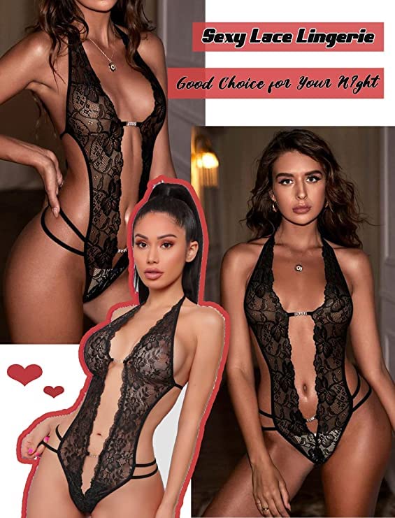 Avidlove Womens Lingerie One Piece Teddy Sexy Halter Lace Bodysuit Mini Babydoll Black Small