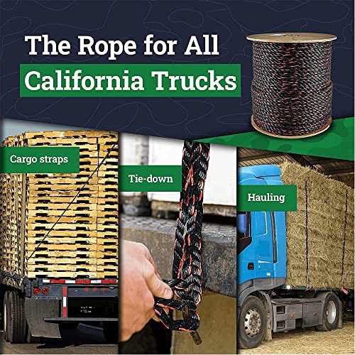 SGT KNOTS California Truck Rope - Twisted Polypropylene Rope for Cargo Straps, Tie-Downs, Gear Bundles, Boating, More (3/8" x 100ft, Black and Orange)