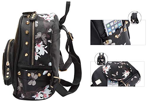 American Shield Girls Mini Cute Waterproof butterfly Backpack Small Casual Lightweight Women Fashion Light Black Leather Daypack 651, Black