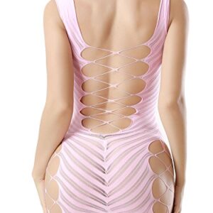 FasiCat Sexy Lingerie for Women Fishnet Halter Chemise Deep V Hot Mesh Mini Dress Bodysuit Pink