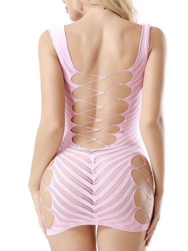 FasiCat Sexy Lingerie for Women Fishnet Halter Chemise Deep V Hot Mesh Mini Dress Bodysuit Pink