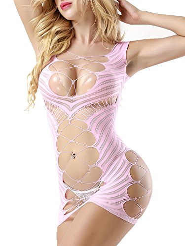 FasiCat Sexy Lingerie for Women Fishnet Halter Chemise Deep V Hot Mesh Mini Dress Bodysuit Pink