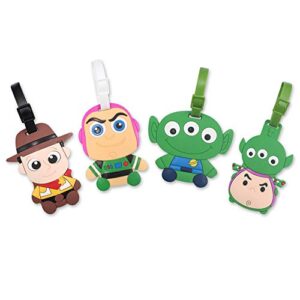 finex 4 pcs set toy story woody buzz lightyear squeeze alien silicone travel luggage baggage identification labels id tag for bag suitcase plane cruise ships with belt strap