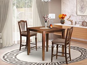 east west furniture vnch3-mah-c vernon 3 piece kitchen counter height dining set contains a square pub table and 2 linen fabric upholstered chairs, 36x36 inch, mahogany