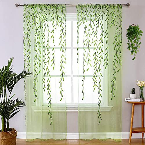 BROSHAN Green Sheer Window Curtain-Pocket Design Sheer Curtains Pretty Vine Curtain Single Panel Leaf Printed Curtain Sheers Voile Sheer Window Curtain Panels for Kids Bedroom Living Room Nursery