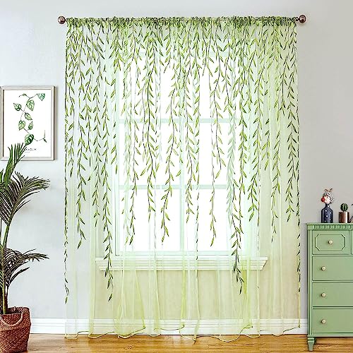 BROSHAN Green Sheer Window Curtain-Pocket Design Sheer Curtains Pretty Vine Curtain Single Panel Leaf Printed Curtain Sheers Voile Sheer Window Curtain Panels for Kids Bedroom Living Room Nursery