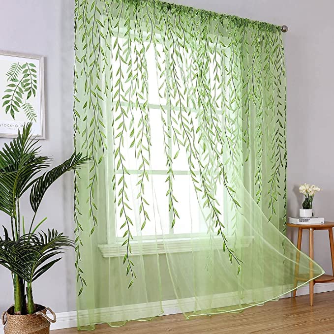 BROSHAN Green Sheer Window Curtain-Pocket Design Sheer Curtains Pretty Vine Curtain Single Panel Leaf Printed Curtain Sheers Voile Sheer Window Curtain Panels for Kids Bedroom Living Room Nursery