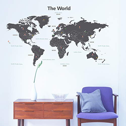 DECOWALL DLT-1609G Modern Grey World Map Kids Wall Stickers Wall Decals Peel and Stick Removable Wall Stickers for Kids Nursery Bedroom Living Room (XLarge) d?cor