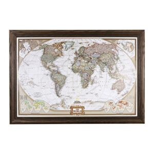 push pin travel maps executive world with solid wood brown frame and pins - 27.5 inches x 39.5 inches