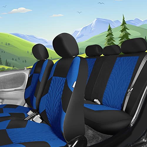 FH Group Car Seat Covers Full Set Premium Cloth - Universal Fit, Automotive Seat Cover, Low Back Front Seat Covers, Airbag Compatible, Split Bench Rear Seat, Washable Seat Cover for SUV, Sedan Blue