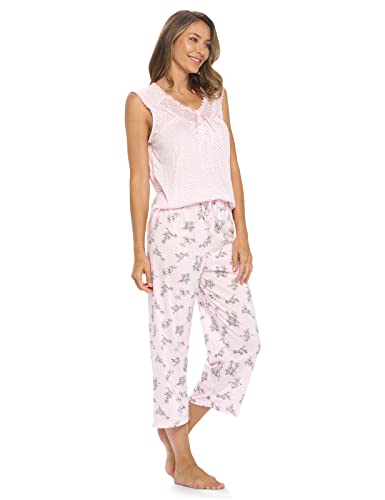 Casual Nights Women's Lace Sleeveless Top and Capri Bottom Sleepwear Pajama Set - Pink - X-Large