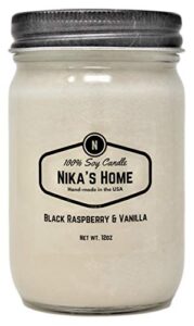 nika's home black raspberry & vanilla soy candle 12oz mason jar non-toxic white soy candle-hand poured handmade, long burning 50-60 hours highly scented all natural, clean burning gift décor