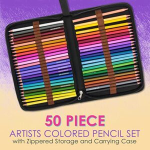 U.S. Art Supply 50 Piece Adult Coloring Book Artist Grade Colored Pencil Set with Zippered Storage and Carrying Case - Vibrant Colors, Smooth Art Drawing, Sketching - Kids, Students, Adults, Beginners