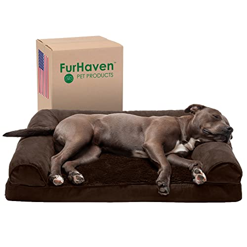 Furhaven Orthopedic Dog Bed for Large/Medium Dogs w/ Removable Bolsters & Washable Cover, For Dogs Up to 55 lbs - Plush & Suede Sofa - Espresso, Large