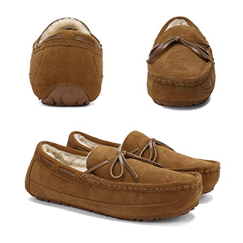 DREAM PAIRS Men's Au-loafer-01 House Slippers Moccasin Indoor Outdoor Fuzzy Furry Loafers Suede Leather Warm Comfortable Shoes Size 7, Tan