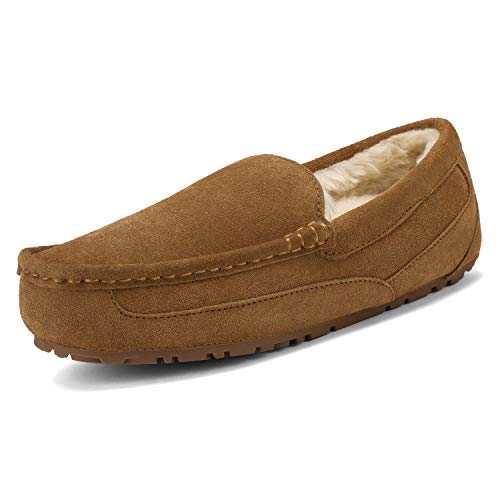 DREAM PAIRS Men's Au-loafer-01 House Slippers Moccasin Indoor Outdoor Fuzzy Furry Loafers Suede Leather Warm Comfortable Shoes Size 7, Tan