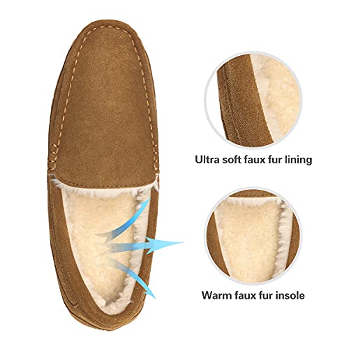 DREAM PAIRS Men's Au-loafer-01 House Slippers Moccasin Indoor Outdoor Fuzzy Furry Loafers Suede Leather Warm Comfortable Shoes Size 7, Tan